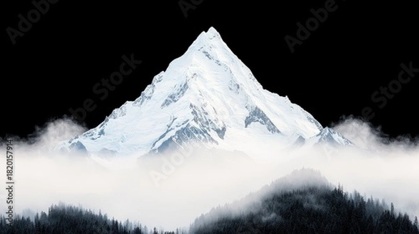 Fototapeta A majestic snow-covered mountain peak rises above a dense pine forest shrouded in mist. The scene is dramatic with dark, moody lighting.