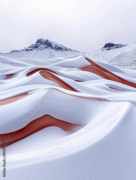 Fototapeta Abstract landscape of snow-draped sand dunes and rocky mountains under a soft, overcast sky. The contrast between the white snow and the exposed reddish-brown s