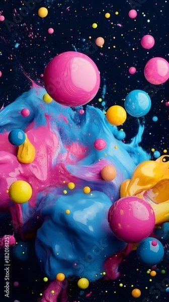 Fototapeta Vibrant colorful ink explosion with pink yellow and blue spheres floating in a dark cosmic background.