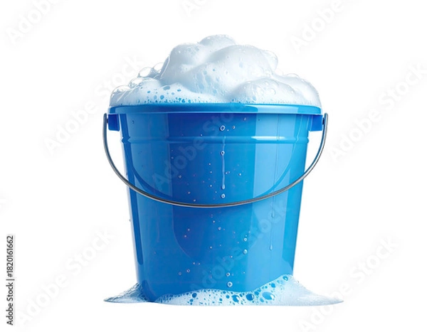 Fototapeta A blue bucket overflows with bubbly, white soap against a stark black background