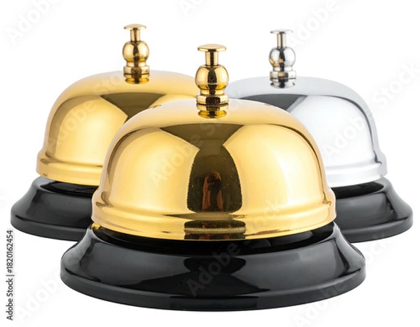 Fototapeta Three metallic service bells, gold, silver, and brass, on black circular bases