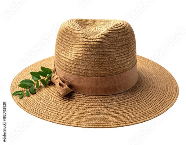 Fototapeta A wide-brimmed woven sunhat with a tan band and a sprig of green leaves