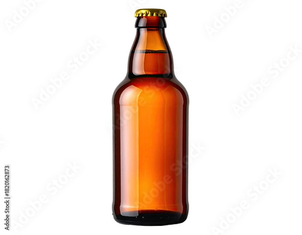 Fototapeta A tall amber glass bottle of a cold beverage, isolated on a stark black background