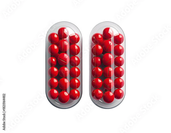 Fototapeta Two transparent capsules filled with vibrant red spheres, side-by-side against black