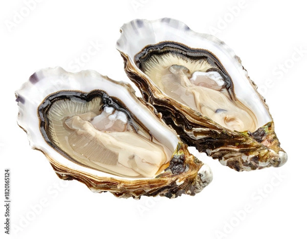 Fototapeta Two fresh, opened oysters, showcasing creamy interiors, on a dark background