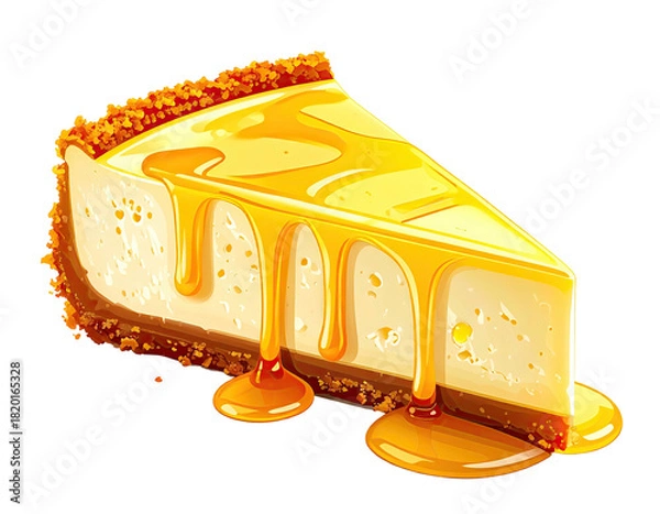 Fototapeta A slice of creamy cheesecake with flowing yellow glaze, perfect for dessert