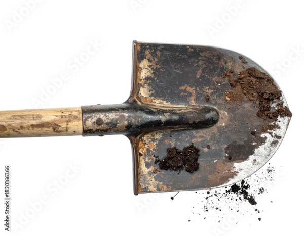 Fototapeta Close-up of a weathered shovel blade with dirt, on a transparent background