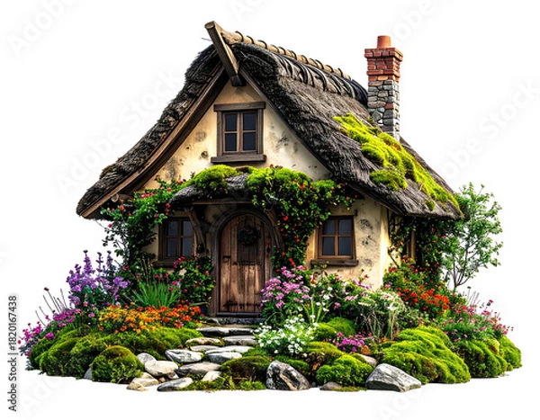 Fototapeta A charming cottage with thatched roof, stone path, and lush garden, whimsical aesthetic