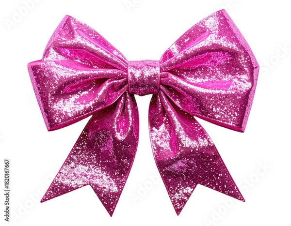 Fototapeta Glittering magenta bow, isolated on black, with symmetrical, sparkling folds