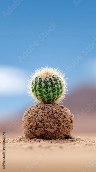 Obraz A small, round green cactus with white spines sits atop a mound of dry soil, set against a blurred desert landscape and a clear blue sky.