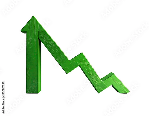 Fototapeta 3D green upwards arrow with fluctuating line, on a stark black background