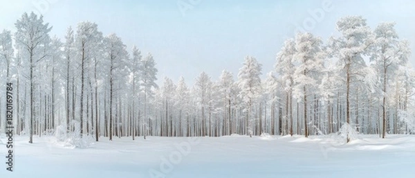 Obraz A panoramic view of a dense pine forest completely covered in snow and frost, under a clear, pale blue sky. The scene evokes a sense of cold, quiet, and pristin