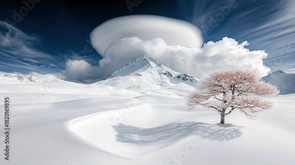Obraz A vast, snow-covered mountain landscape under a dramatic sky with a prominent lenticular cloud formation. A single, bare tree with pinkish branches stands in th
