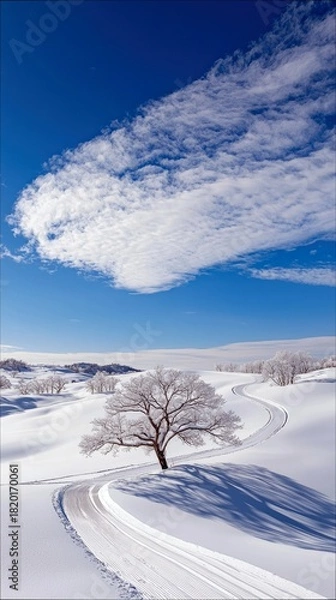 Obraz A solitary, bare tree stands beside a winding road covered in snow, set against a bright blue sky with a wispy cloud formation. The landscape is covered in fres