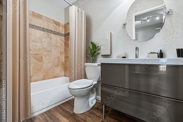 Fototapeta A welldesigned bathroom that includes a toilet, sink, and shower area