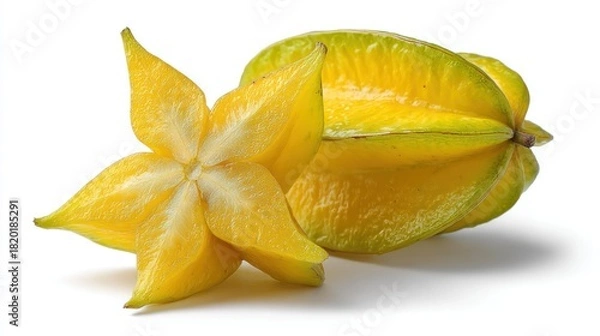 Fototapeta Starfruit Whole and sliced, five-pointed fruit with yellow and green hues