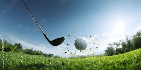 Fototapeta Skilled golfer hitting a golf ball with a club, capturing the moment of impact on a sunny day at a lush green golf course surrounded by nature