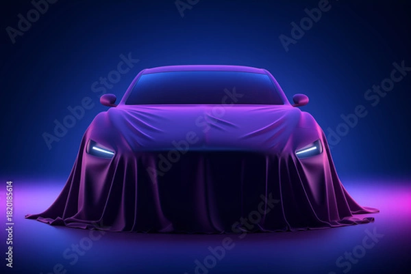 Fototapeta a sleek, expensive car covered by a dramatic purple velvet cloth, with the LED headlights piercing through the fabric in a dark studio. Concept for new product launches, secret reveals
