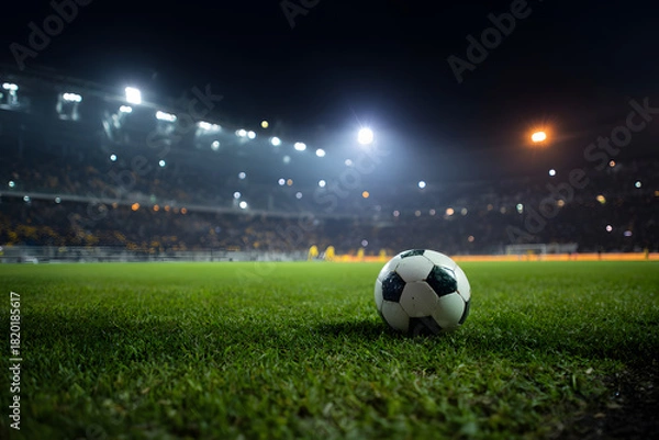 Fototapeta Close-up of a soccer ball placed on the lush green grass of a stadium field, highlighting the vibrant atmosphere and excitement from the night crowd in the background