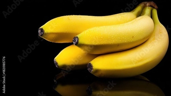 Fototapeta Shiny, ripe bananas bunch on a reflective black surface, with droplet detail