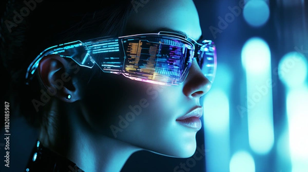 Obraz young woman wearing futuristic digital glasses displaying augmented reality data or coding interface in a dark, neon-lit environment. isualizes metaverse, virtual reality, artificial intelligence