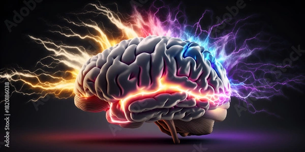 Obraz Highly detailed human brain with colorful lightning and energy flowing around and through the cerebral cortex. Image visualizes high intelligence, electric thought, artificial intelligence