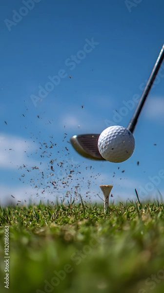 Fototapeta Dynamic close-up of a golfer striking a golf ball off a tee, capturing the moment of impact and flying debris against a clear blue sky