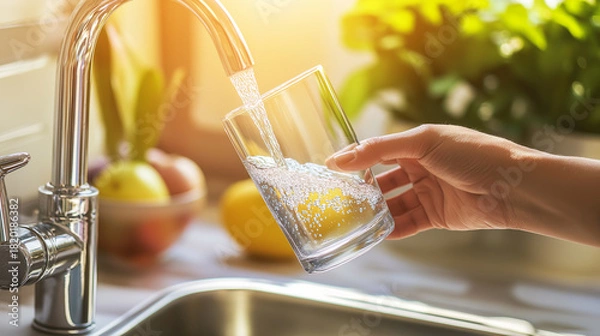 Fototapeta woman's hand filling a clear glass with fresh, clean water from a modern chrome kitchen faucet. Bright sunlight streams onto the scene, emphasizing hydration, health, purity, and home living.