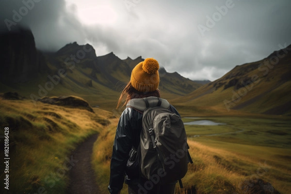 Fototapeta woman wearing a yellow knit hat and backpack hiking on a winding path through a vast, dramatic Icelandic landscape.Use for travel blogs, adventure concepts