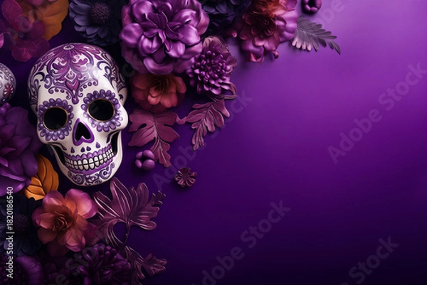 Fototapeta Ornate white and purple Sugar Skull (Calavera) surrounded by vibrant purple and maroon paper flowers and leaves on a deep violet background. Day of the Dead (Día de Muertos) theme