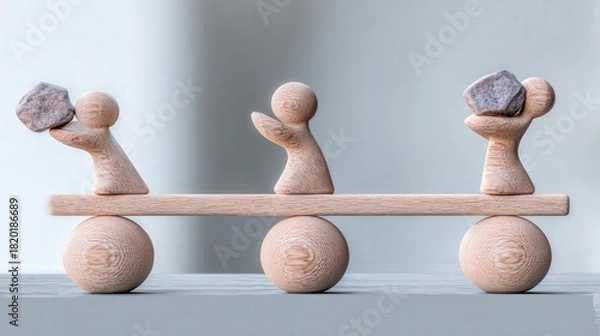 Fototapeta Three minimalist wooden figures carefully balance a polished stone, symbolizing mental balance and teamwork against a muted grey studio background.