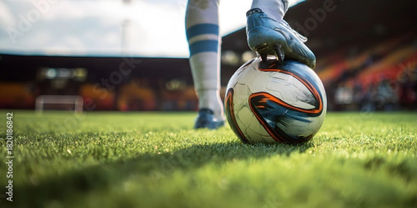 Fototapeta Soccer player poised to strike a football on a lush green field with an enthusiastic crowd in the background ready for action. Sports concept