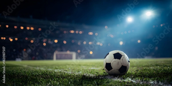 Fototapeta Close-up of a soccer ball resting on the grass under the bright stadium lights at night, capturing the essence of competitive sports and excitement. Sports concept
