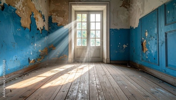 Fototapeta Sunlight streams through a door in a dilapidated room, creating an atmospheric interior.
