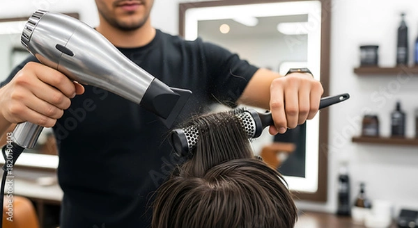 Obraz Professional hair styling: Barber blow-drying client's hair with a round brush in a modern salon