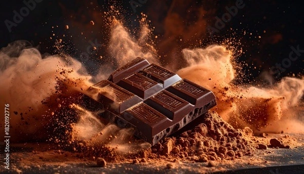 Fototapeta Chocolate bar exploding with cocoa powder, a delicious and rich dessert treat