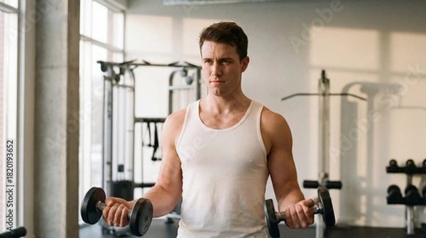 Fototapeta Muscular young adult man in white tank top lifting dumbbells in gym, performing bicep curls exercise
