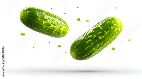 Fototapeta A fresh cucumber floats effortlessly to create a clean visual impact, isolated on white