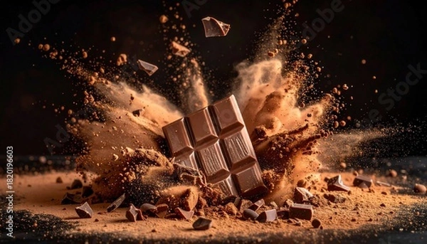 Fototapeta Chocolate bar exploding with cocoa powder and pieces in dynamic food photography