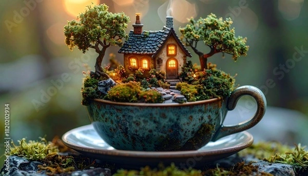 Fototapeta Miniature cottage nestled in a teacup amidst lush greenery, a whimsical scene