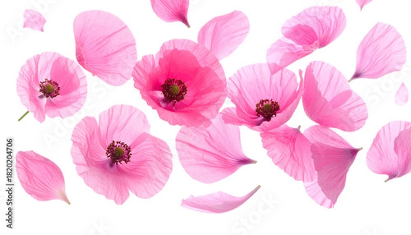 Obraz Ethereal blue flowers shedding delicate petals in a gentle cascade against a bright, clean white background, symbolizing fragility and beauty