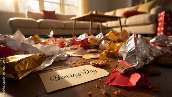 Obraz Boxing Day Mess Post Celebration with Chocolate Wrappers and Crumbs