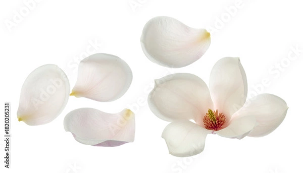 Obraz Ethereal blue flowers shedding delicate petals in a gentle cascade against a bright, clean white background, symbolizing fragility and beauty