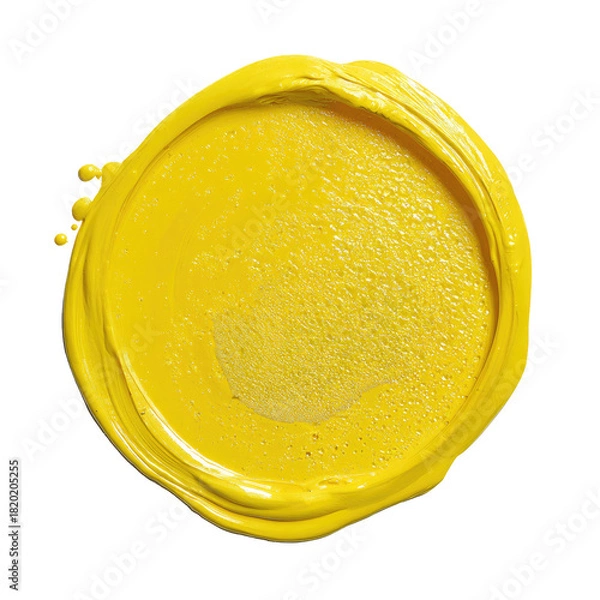 Fototapeta Textured, round, bright yellow paint swatch on black backdrop