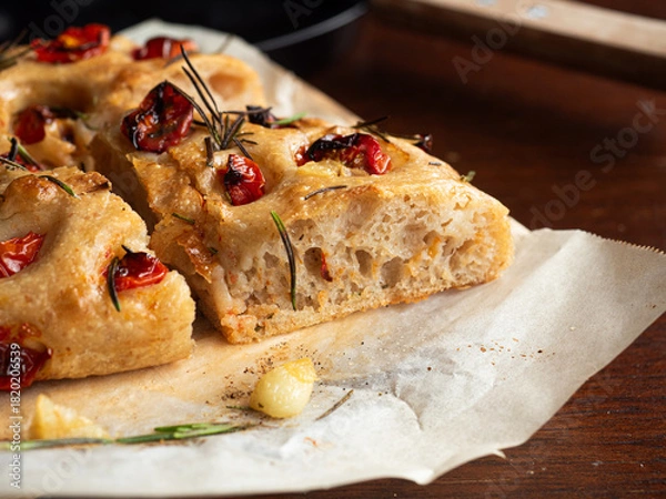 Obraz slice of focaccia bread with cherry tomato, garlic and rosemary
