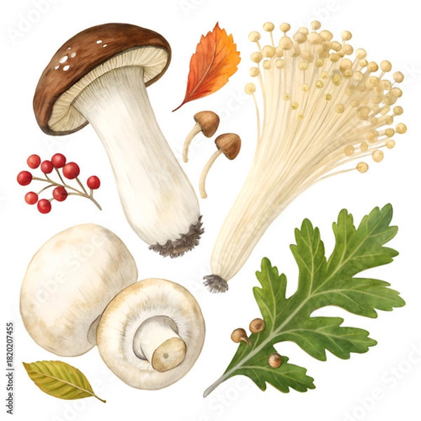 Obraz Autumn Foraged Mushrooms & Edible Fungi on transparent background