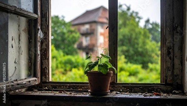 Fototapeta A solitary plant graces a weathered windowsill, framing an obscured distant building and lush nature