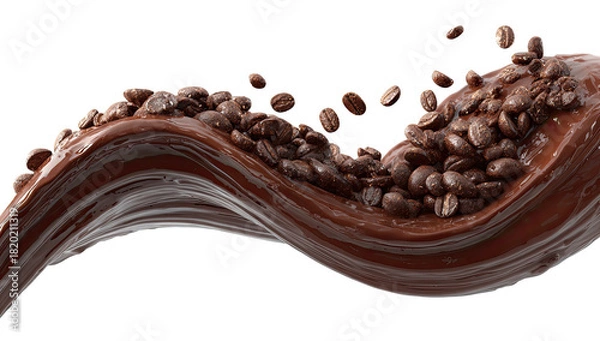 Fototapeta Coffee beans cascade on flowing chocolate swirl