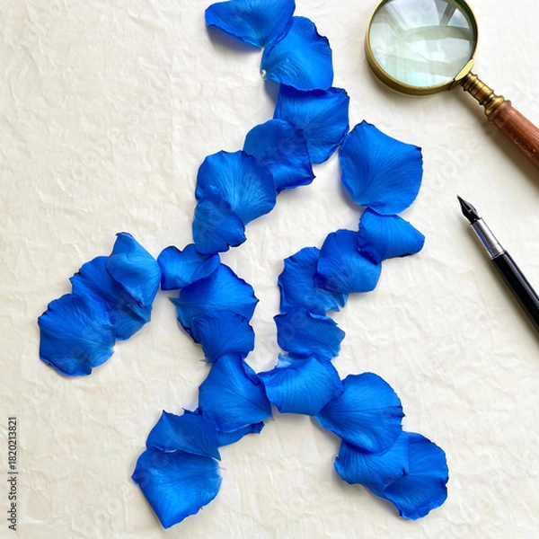 Obraz Creative Desk Still Life with Rose Petals Pen and Magnifying Glass