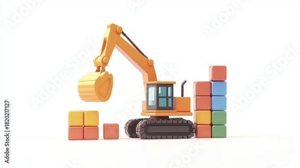 Obraz Colorful construction scene with excavator and building blocks